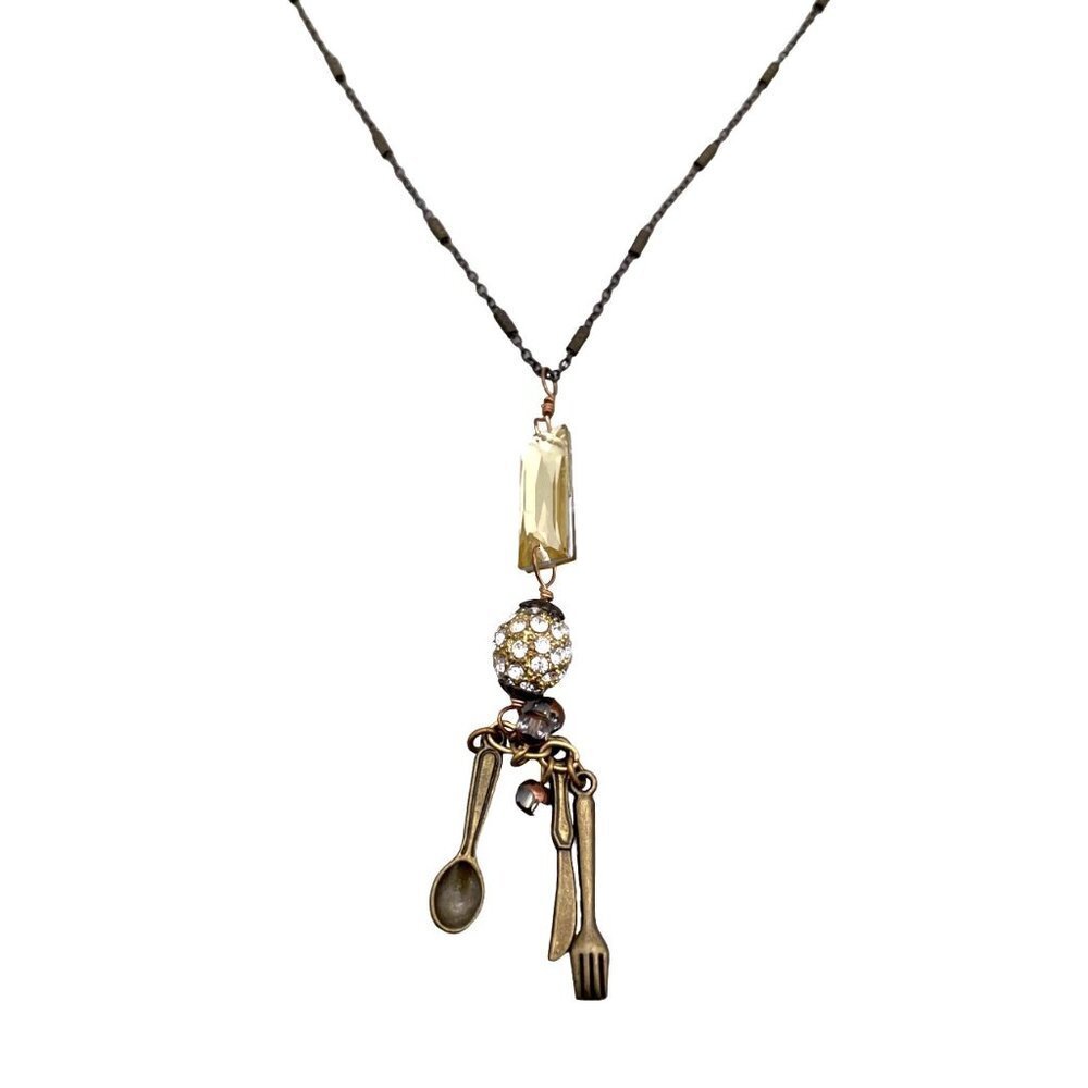 Lenora Dame Fork Spoon Knife Rhinestone Crystal Pendant Chain Necklace 18 in